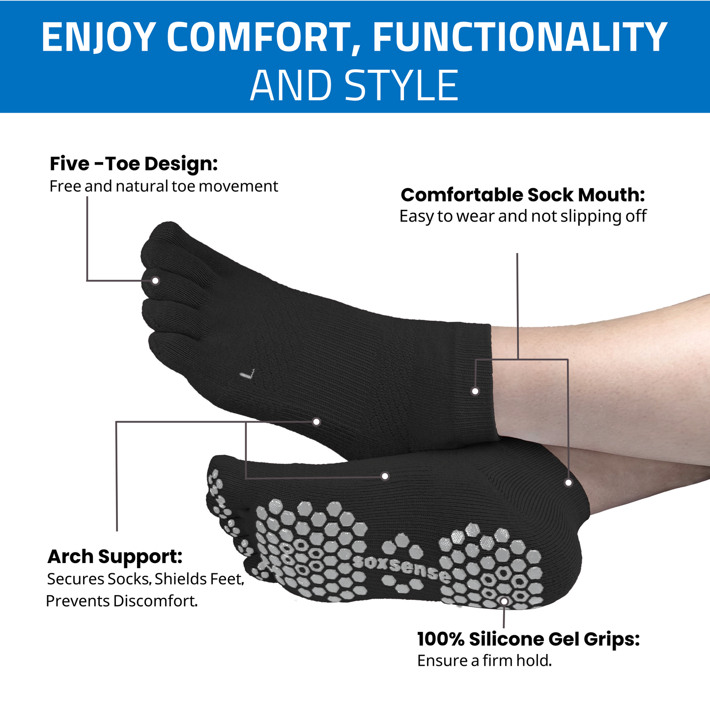 3 Pairs Ankle Grip Toe Socks with Cushion